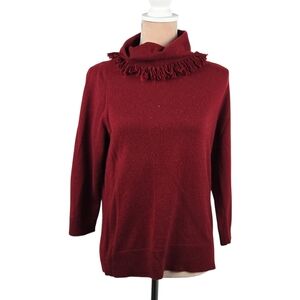 TSE 100% Cashmere Fringe Collar Sweater 3/4 Sleeve Burgundy Size Large